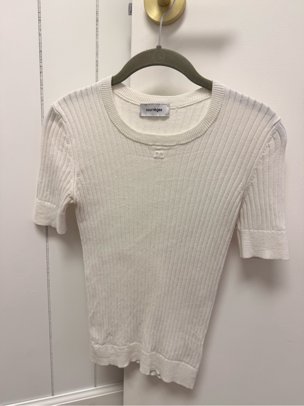 Courrges Ivory Ribbed Short-Sleeve Crewneck Top